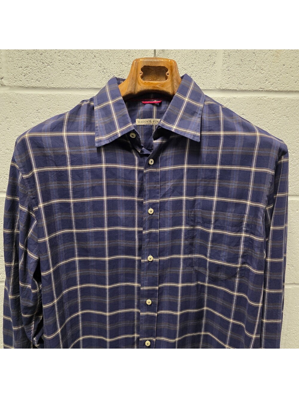 Mason's  Casual Button Down Shirt Size L In Gray & Blue Plaid Cotton 23x33